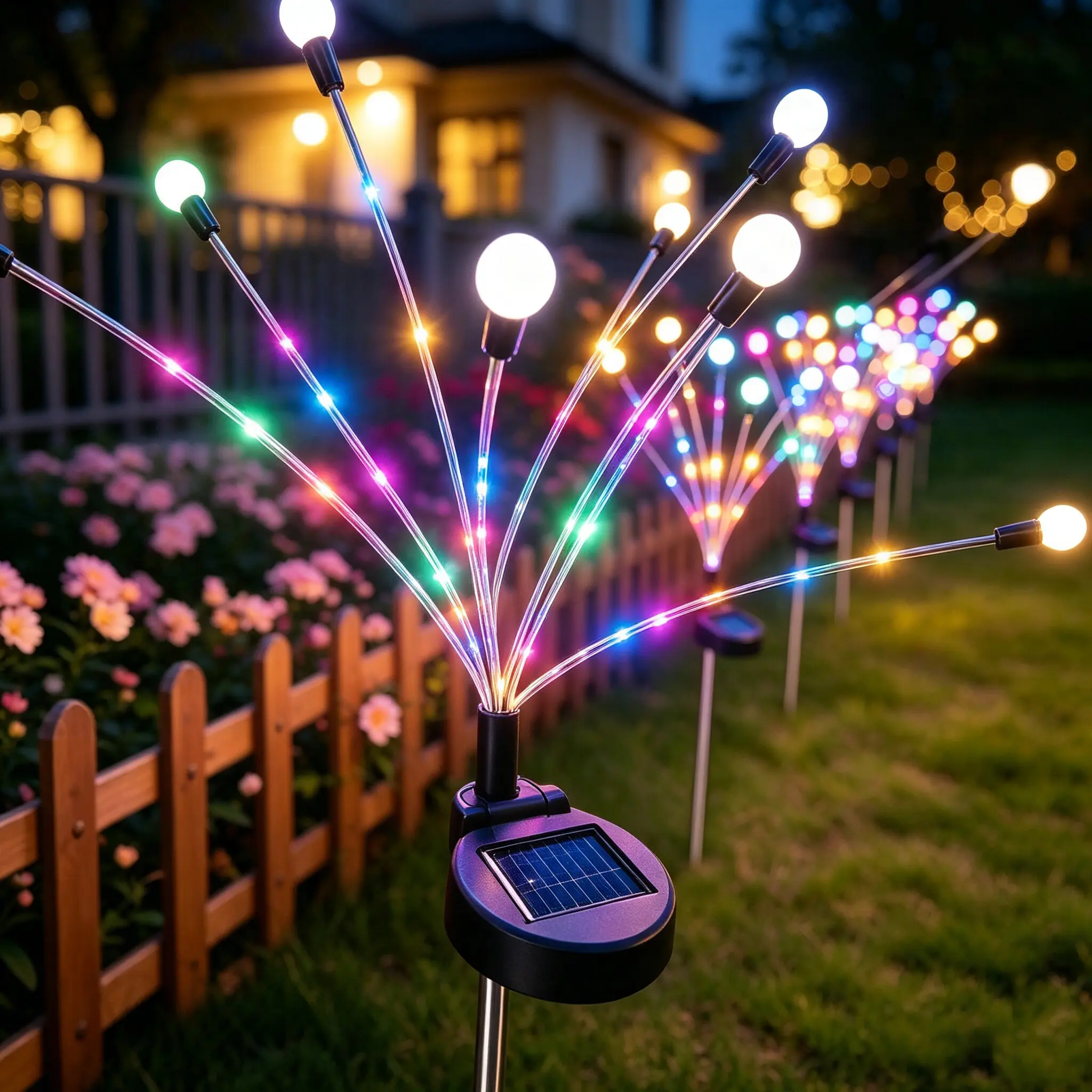 8 Heads Wiggling Solar Firefly Stake Lights, Auto On/Off IP65 Waterproof Outdoor LED Landscape Lamp, Warm White & Multi-Color Fairy Decor Lights for Backyard, Patio, Lawn, Garden, Party & Holiday Decor
