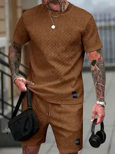 Men's Textured T-Shirt & Shorts 2-Piece Set, Casual Summer Breathable Tracksuit, Herringbone Pattern Co-Ord Outfit #TexturedSet #SummerCoOrd #BreathableOutfit #CasualTracksuit #TikTokMadeMeBuyIt
