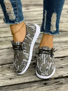 Women's Fashionable Camo Print Lace Up Low Top Sneakers, Casual Comfortable Breathable Sports Shoes, Female All-match Round Toe Shoes for Daily Wear, Girl, Slip On Shoes
