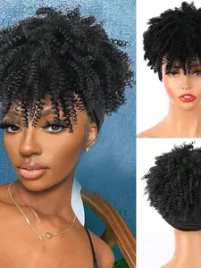 Synthetic Short Afro Kinky Curly Wigs, Dark Wig with Bangs, 2-In-1 Turban Wig, Drawstring High Puff, Headwrap Wigs with Headband