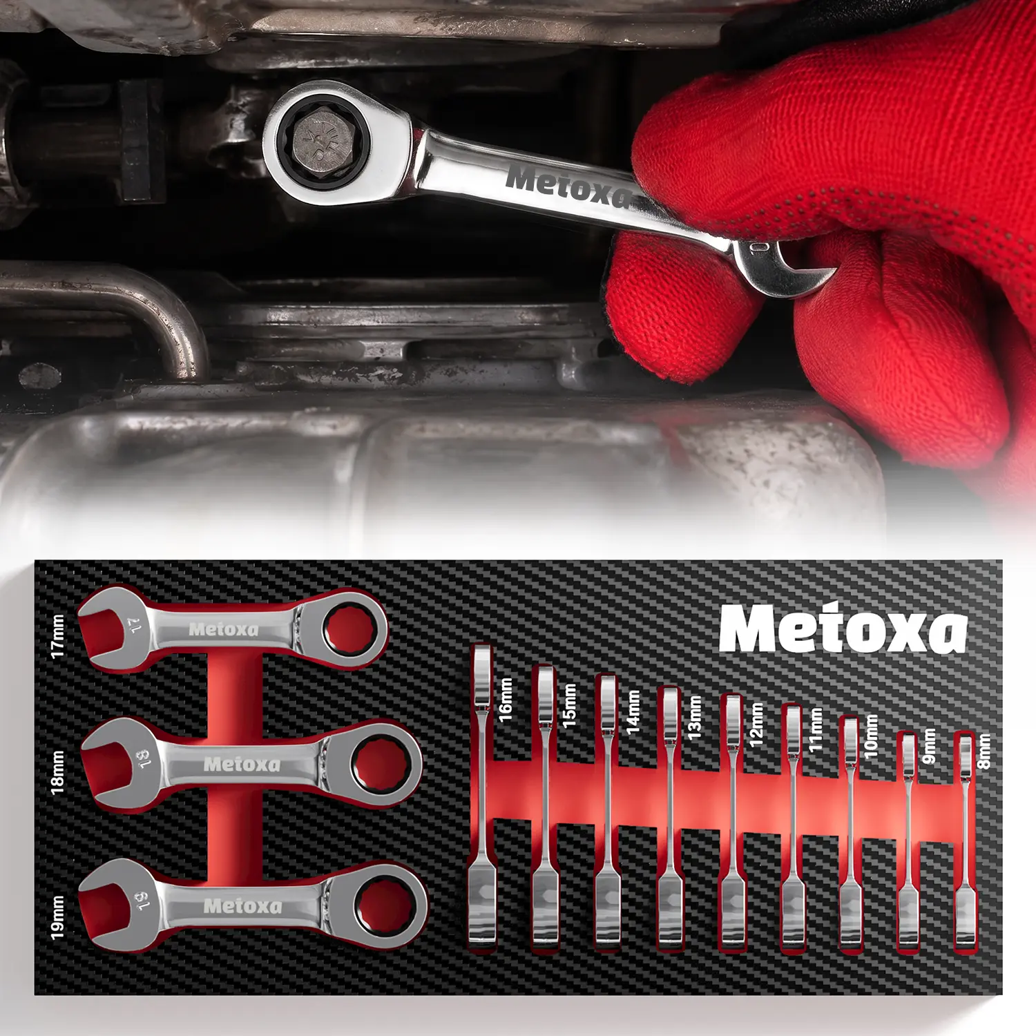 METOXA 12-Piece Metric Stubby Ratcheting Wrench Set, 8-19mm 90-Tooth CR-V Short Handle Combination Wrenches for Tight Spaces, Auto Repair, EVA Tray, Spanner Wrench, Tools And Gadgets
