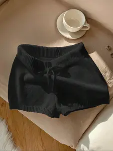 Women's Solid Color Drawstring Plush Crop Knit Shorts, Casual Comfy High Waist Knit Shorts for Daily Wear, Ladies Knitwear Fit for All Seasons