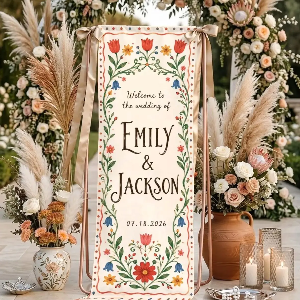 Personalized Folk Art Wedding Banner, Wedding Microfiber Welcome Sign, Floral Wedding Tapestry