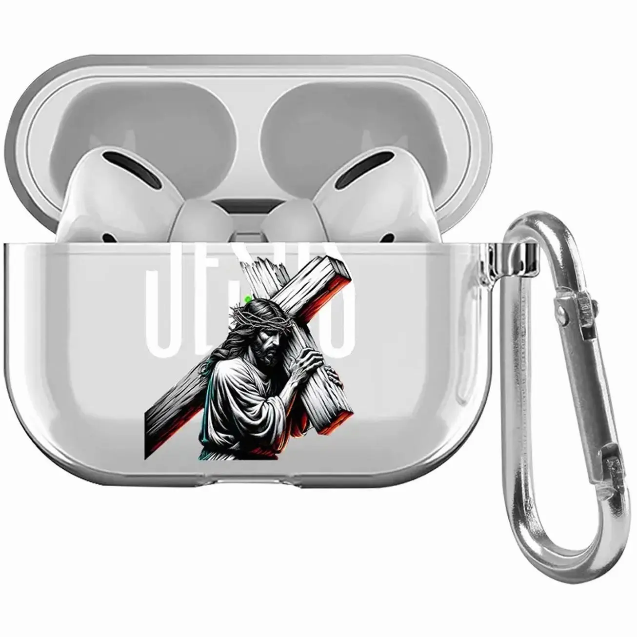 Jesus' Cross Bearing Pattern Protective Case for AirPods 4/3/2/1/Pro/Pro2 Soft TPU Earphone Cover, Transparent with Keychain