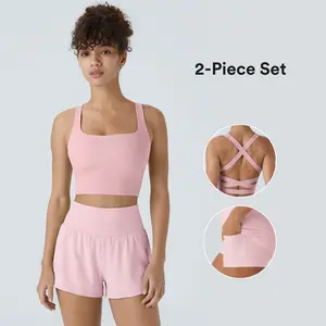 【Creator’s Pick】Halara 2-piece SoftlyZero Airy Square Neck Backless Crisscross Cropped Cool Touch Yoga Tank Top-UPF50+ & Super High Waisted Cool Touch Yoga Shorts with Pockets Set