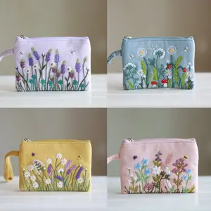 Hand Embroidered Coin Purse Wristlet with Flower Embroidery, Linen Vintage Wallet Pouch with Wrist Strap, Bridesmaid Gift, Floral Pouch