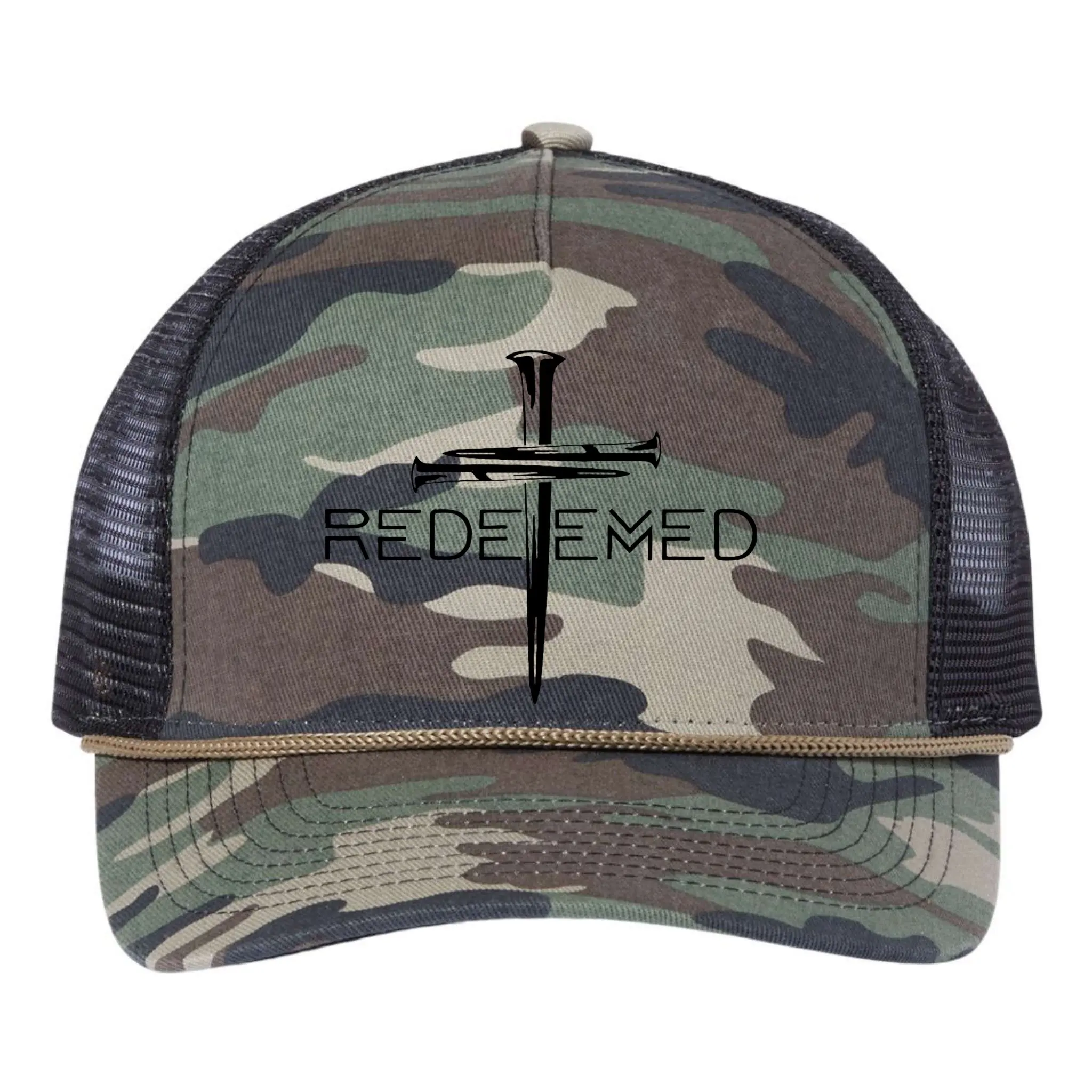 Redeemed Collection: The Ultimate Redeemer 3 Nails Cross Black On Black Retro Rope Trucker Hat Cap - Fashion Accessory for Men and Women