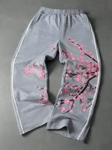 1 Pair Men‘s Grey Cherry Blossom Jogger Pants, Japanese Style Floral Pattern with Contrast Side Stripes, Soft Elastic Waist Casual Sweatpants for Daily Wear and Light Workouts, Long Pants Length