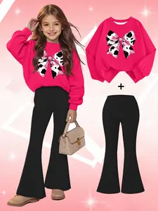 Girls' 2PCS Sweatshirt Pants Set Cow Print Bow Design Pink Long Sleeved Round Neck Sweatshirt & Black Bell Bottom Pants Composite Fabric Machine Washable Kids' Clothes