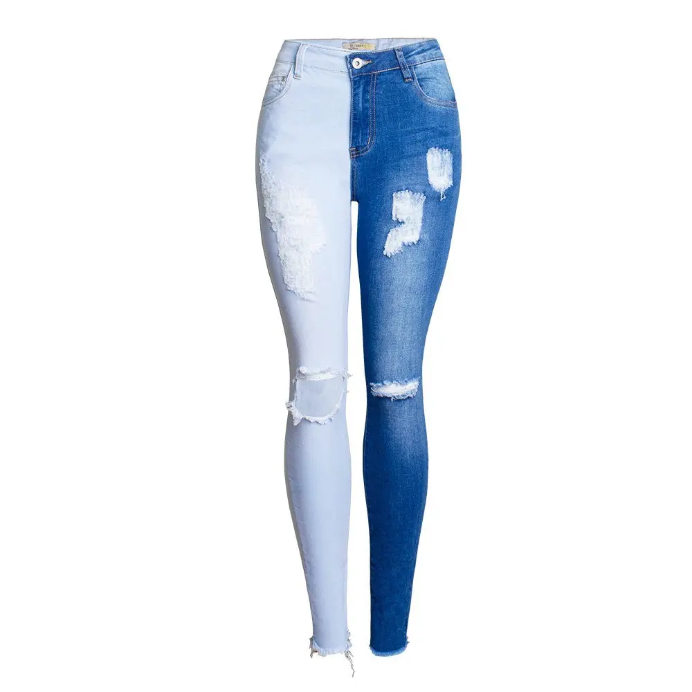 Women's 2-Tone Patchwork Jeans, Mid-Waist Ripped Knee Skinny Fit in Stretchy Light Wash Cotton Denim, Bottoms, Fabric
