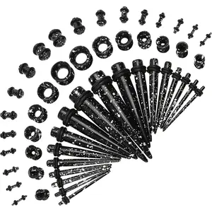 50 count Ear Stretching Kit Gauges for Beginners: Gauging Lobe Starter Tapers, Heart Tunnel Earrings, Lightweight  Plugs, 14G-12mm  Expanders for Women and Men (Black & White Splatter)