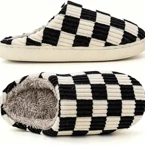 Women House Fuzzy Slippers - Plaid Scuff Checkered Slip-On Memory Foam Indoor Outdoor Comfortable Soft Slides