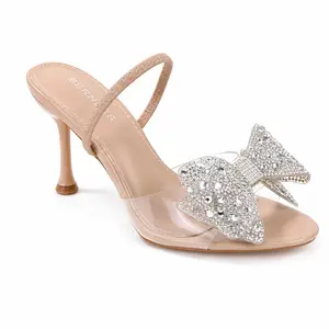 BERNESS Womens High Heeled Clear Heel Sandals Rhinestone Bow Pointed Toe Stiletto Slip On Summer Shoe for Weddings Parties Black Wedges Sandals for Summer Kitten Heels