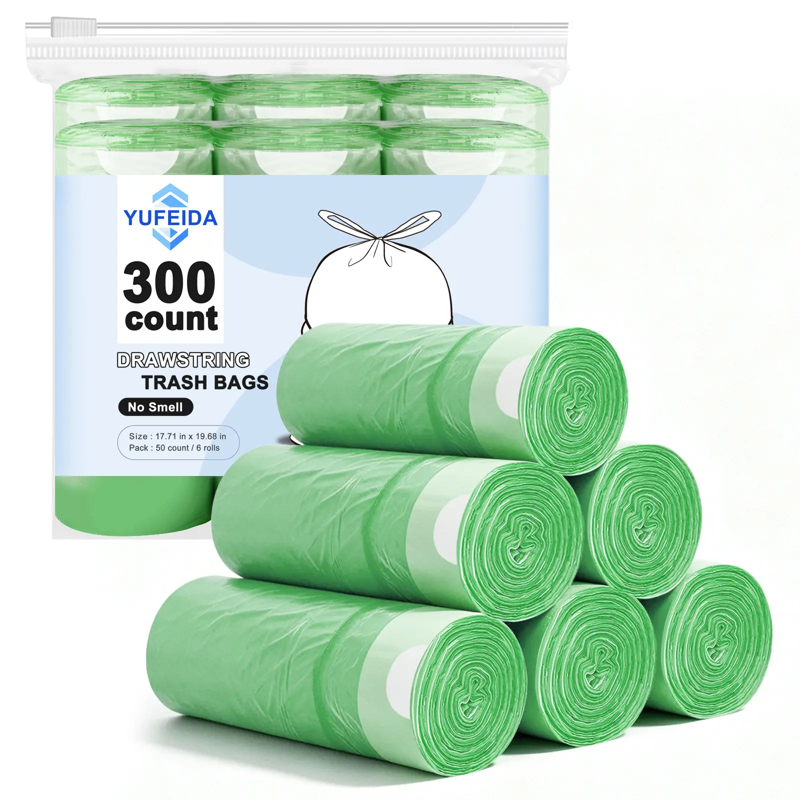 Sturdy 4Gal Drawstring Trash Bags, 300-Count Green Plastic Odorless Waterproof Bin Liners for Bathrooms, Balcony, Study, Universal Home Care Supplies with Wardrobe Pouch Compatibility
