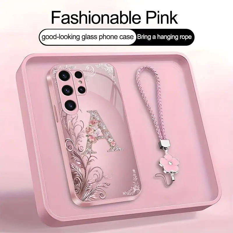 Suitable for [Galaxy S23 Ultra] high-end women's phone case🤩，a beautiful four-leaf clover lanyard is included🍀，Exquisite floral print, non-3D rhinestones, 26 letters to choose from YM99