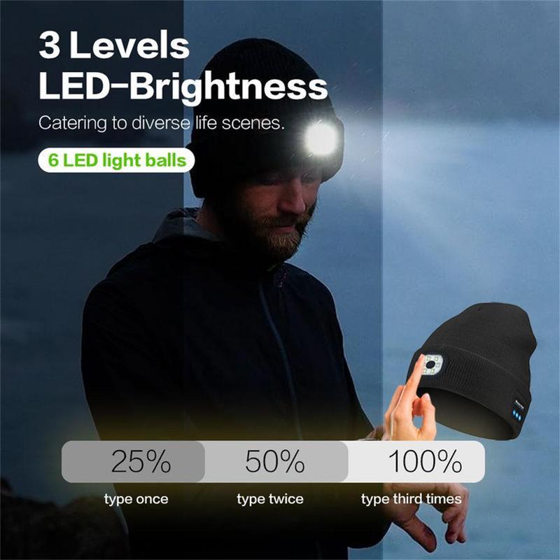 Bluetooth Beanie with Flashlight, LED Hat with Cordless Headphones, USB Rechargeable Unisex Hat, Hands-Free Lighting, Sports Mucis Headband, Bluetooth Headband, Perfect Christmas Gift