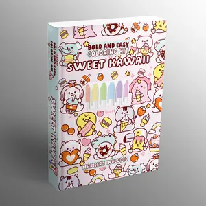 Sweet Kawaii Coloring Kit - Coloring Book with Cute Characters, Crayons, Bold Designs, Easy for Beginners, Office Art Supplies for Adults