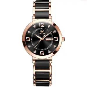 OLEVS Watch OLVES Watch Women Rose Gold Black Ceramic Strap Waterproof Big Face Two Tone Women's Wrist Watch with Date Day Simple Ladies Watches Night Vision Luxury Elegant Luminous Watches for Women