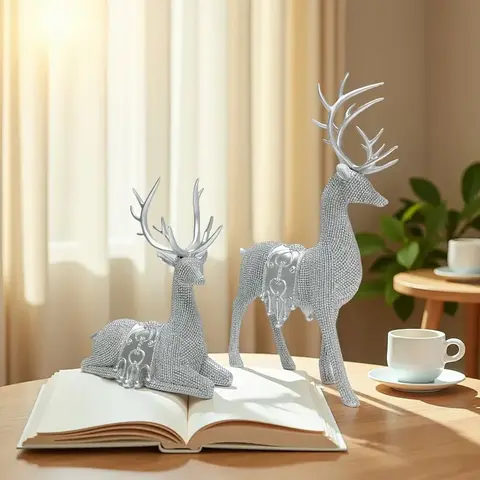 Artistic Deer Statues Set of 2, Resin Figurine, Silver Color Glitter Details, Chip Carving for Christmas Thanksgiving New Year Home Decor