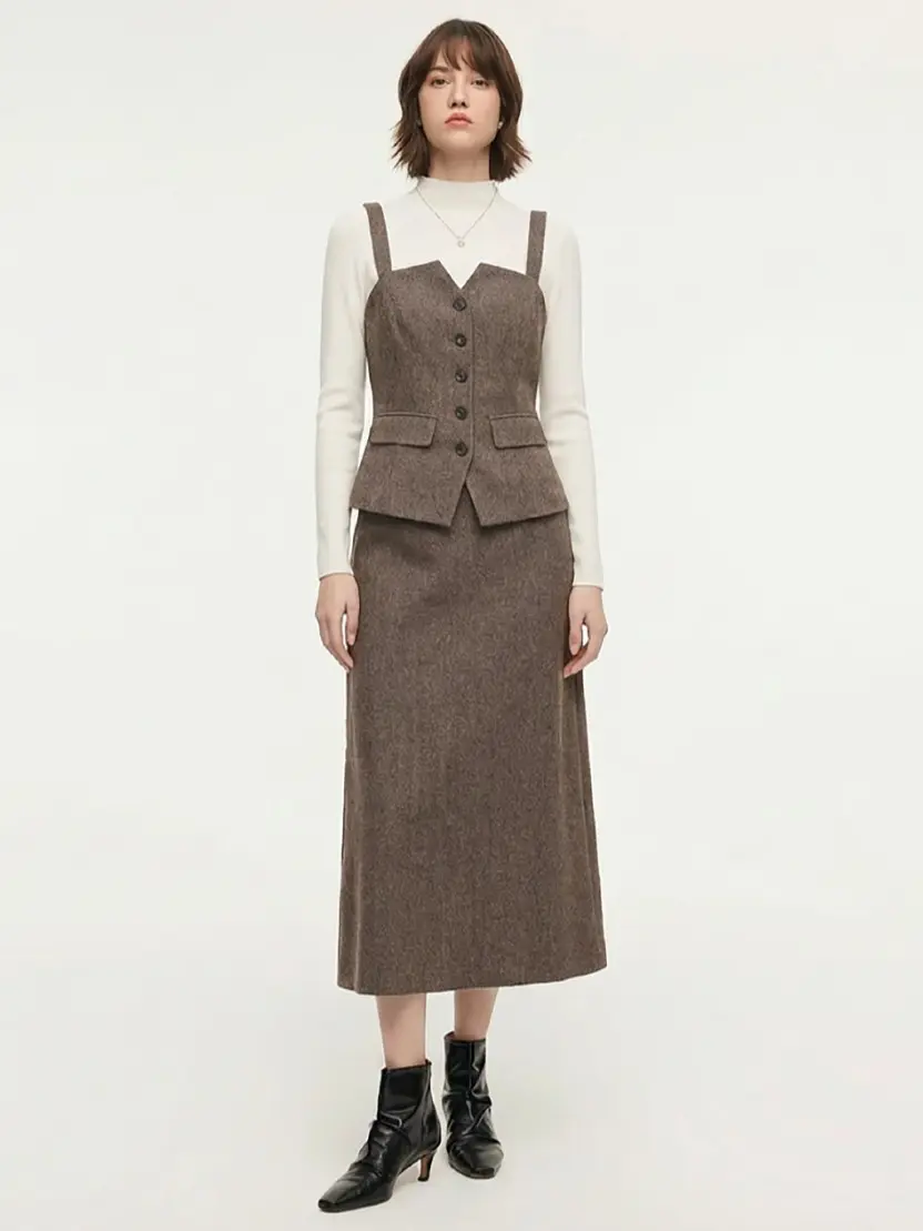 Washable Wool Bustier Vest & Knit Top & Skirt Three-Piece Set Fit Matching