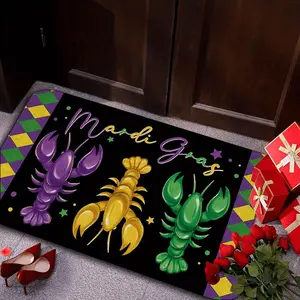 Mardi Gras Style Welcome Doormat, Mardi Gras Crawfish Decor Front Door Mat, Flannel Material, Non-Slip Machine Washable Carpet Mat, Suitable for Bedroom Bathroom, Soft Rectangular Rug for Decorular Rug, for Decorating
