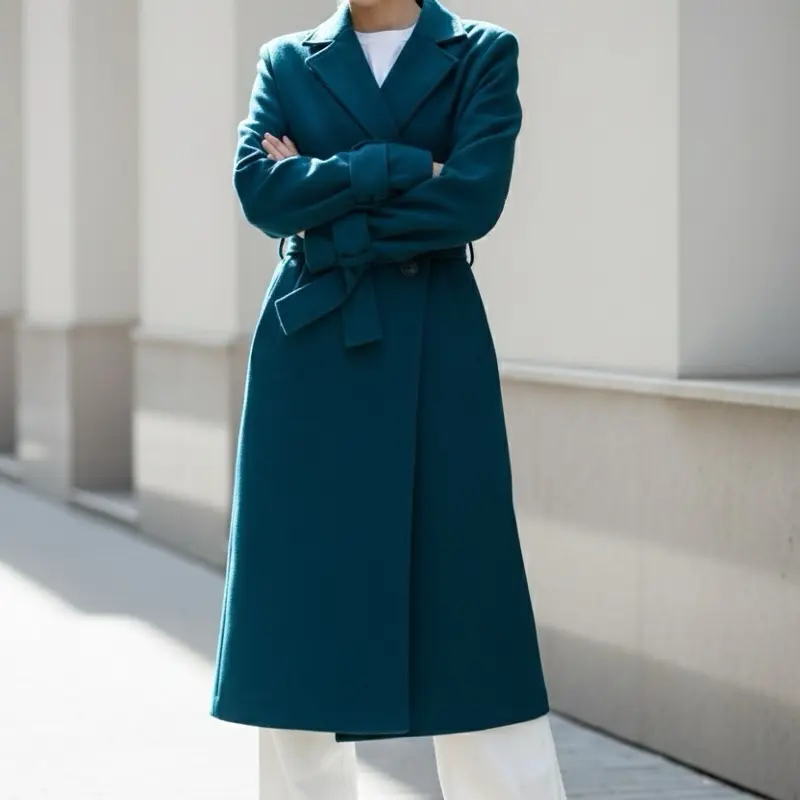 Pinnacle Garments-Faiyum Coat – Wool Blend Dark Teal Overcoat, Long Winter Coat with Satin Lining & Hidden Pockets, Elegant Women’s Outerwear Tops Womenswear Casual Formal Jackets Elegance
