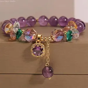 Elegant Purple Glass Crystal Bracelet with Pendant – Stackable Elastic Beaded Bracelet for Women, Trendy Gift for Birthday, Anniversary & Daily Wear
