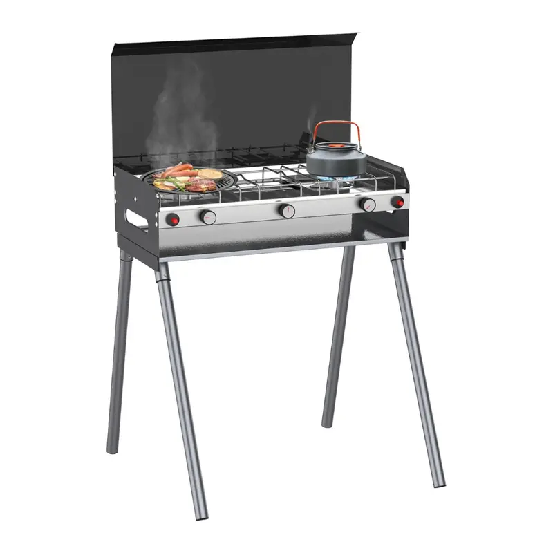 CAMPLUX PROPANE CAMPING STOVE 2 BURNERS & 1 GRILL, 15,000 BTU AUTO-IGNITION, BLACK