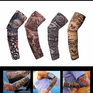 Men's Cooling Arm Sleeves 5Pcs Long Fingerless Arm Cover Anti Slip UV Sun Temporary Tattoo Sleeves Stretchable Nylon Fabric Fashionable Patterns Cold Water Washable