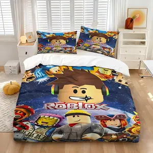 Roblox Cartoon Game Character Duvet Cover Set, Includes One Comforter Cover and 1/2 Pillowcases, Vibrant Space Pattern Fashion Adorable Quilt Cover for Roblox Fans, Boys Girls Bedroom Bedding Decor