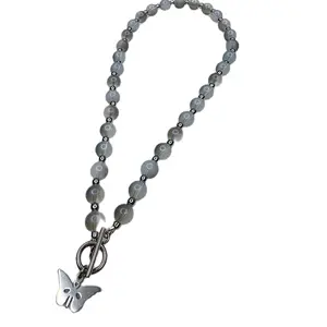 Yassy Creates | Blue Glass Opal Beaded Necklace with Butterfly Toggle Clasp