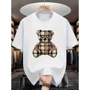 Men's heavy cotton T-shirt - soft round neck with cute teddy bear pattern, suitable for everyday casual wear, machine washable, suitable for all seasons, travel clothing, fun design women's short sleeve