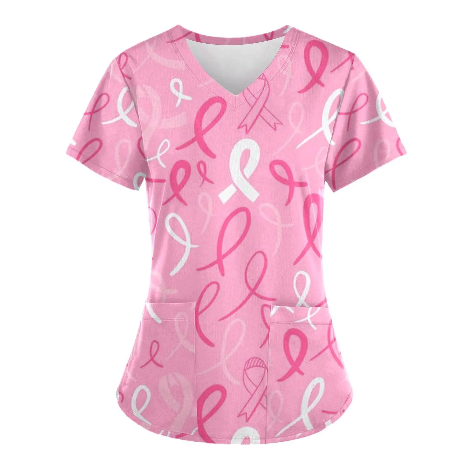Scrubs Medical Uniform Pink Ribbon Graphic Women's Uniforms V Neck Short Sleeve Tops with Pockets Scrubs for Wome