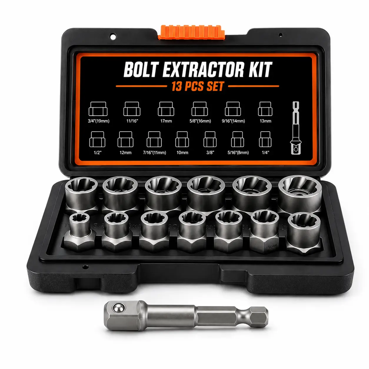 13 Pcs Bolt Extractor Kit, Stripped Bolt & Nut Remover Socket Set, 3/8" Drive Impact Extractors with 1/4" Hex Adapter for Rusted, Rounded & Damaged Bolts