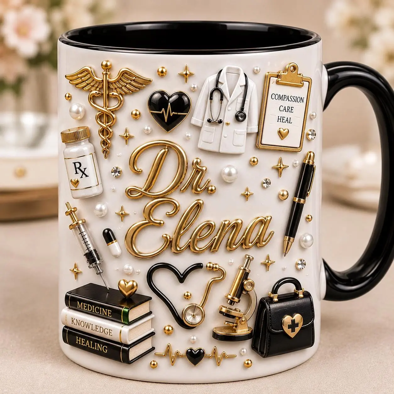15oz Custom Printed Doctor Coffee Mug with Wraparound Name Personalization - 3D Inflated Effect Ceramic Cup, Medical School Graduation Doctor Appreciation Gift