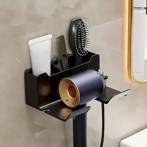 Wall-Mounted Hair Dryer Storage Rack No-Drill Bathroom Organization Steel and Plastic, Durable and Space-Saving Hairdryer Holder for Bathroom and Shower Rooms