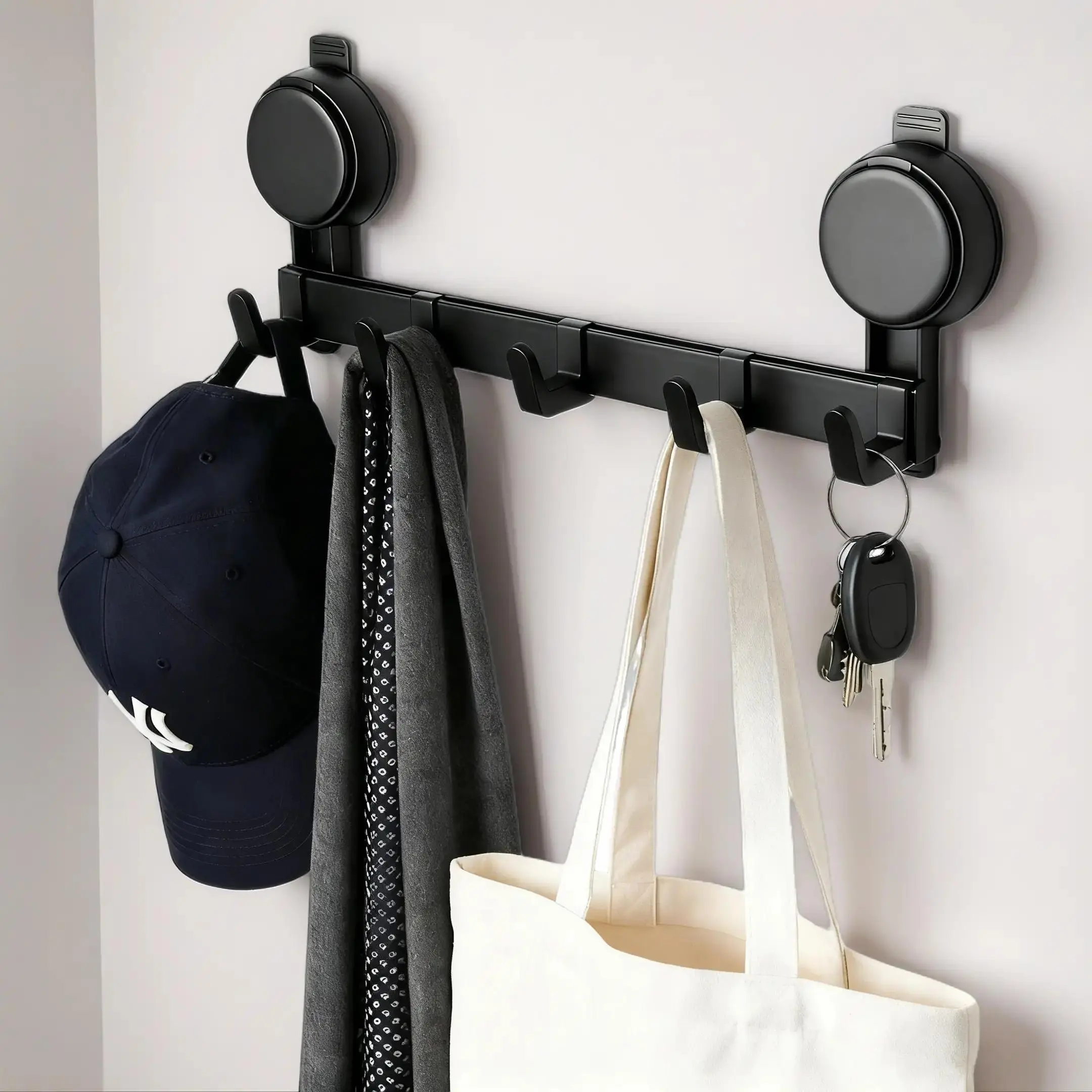 5-Hook Black Matte Suction Cup Wall Rack - No-Drill Damage-Free Heavy-Duty Removable Space Saving Organizer, Renter-Friendly Adjustable Hooks for Bathroom Glass Surfaces, Laundry Room, Removable Hooks