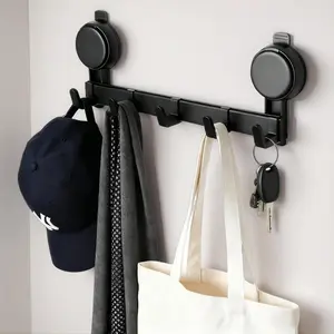 No Drill Damage Free 5 Hook Black Suction Cup Rack - Renter Friendly Reusable Adjustable Heavy Duty Wall Hanger Organizer for Entryway, Bathroom, Kitchen