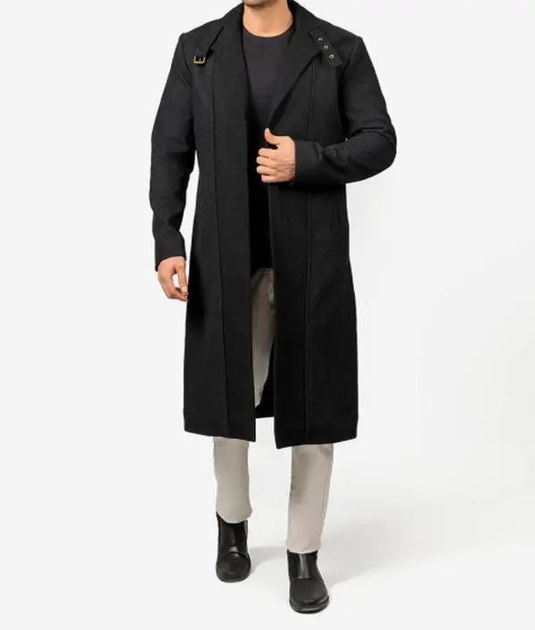 Men's Black Wool Long Trench Coat with Buckled Collar – Modern Minimalist Style