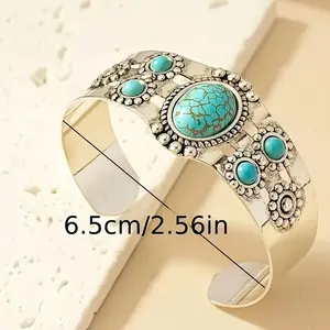 1pc Unique Turquoise Inlaid Cuff Bangle Bracelet - Vintage Bohemian Style S925 Sterling Silver Jewelry With Faux Gemstone, Personality Female Hand Accessory, Fashionable And Chic Gift Idea For Women casual trendy bracelet