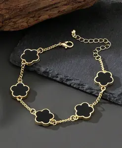 Elegant Business Lucky 5-Leaf Clover Design Men's Bracelet - Black Color Requires Film Removal for Flawless Finish - Perfect Gift for Valentine's, Mother's Day, or Any Special Occasion