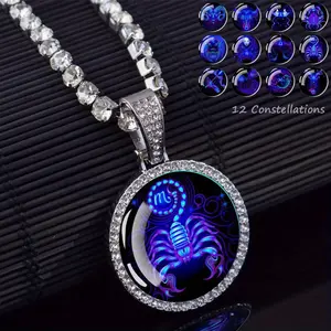 1pc 12 Constellations Zodiac Signs Necklaces Aries Scorpio Leo Virgo Pisces Capricorn Glass Dome Rhinestones Pendant Chains Necklace for Men and Women Astrology Fashion Jewelry Birthday Gift