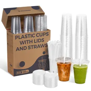 20oz Clear Disposable Plastic Cups with Lids & Straws – Easy Grab To Go Iced Coffee Smoothie Drink Cups BPA Free PET