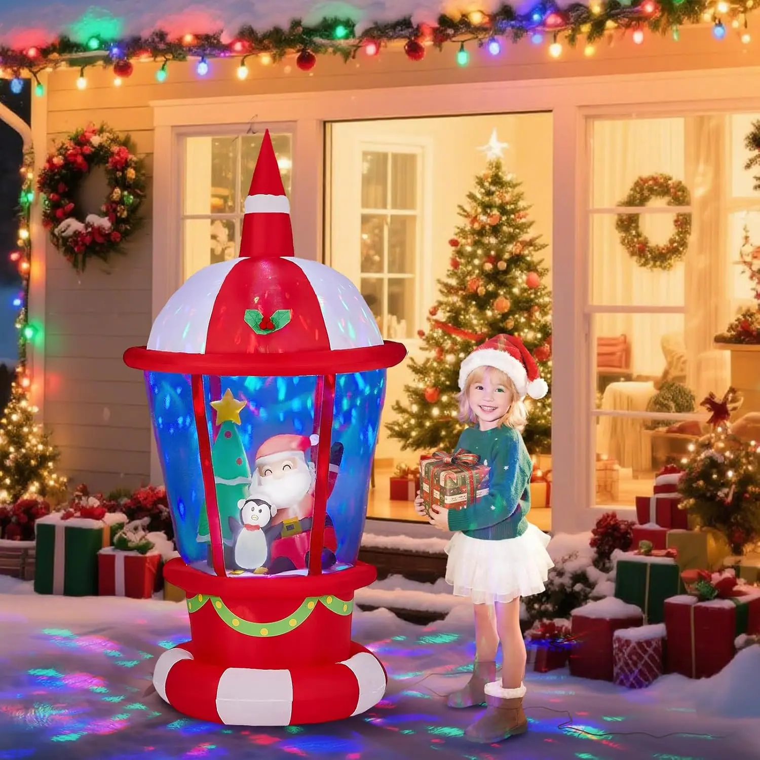 7.3FT Lighted Christmas Inflatable Decoration, Inflatable Lighthouse with Santa and Penguin, Funny Blow Up Yard Decorations with Built-in LED Lights for Holiday Party Front Yard Lawn Garden Decor
