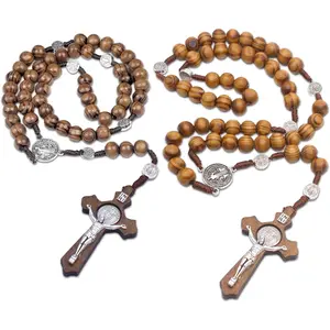 NA86 2 Pack Catholic Rosaries Handmade Wooden, Rosary Beads Necklace From Christian Prayer Holy Soil Medal & Metal Cross For Catholic Gift, brown, gray