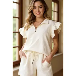 Double Take Full Size Texture Flounce Sleeve Top and Drawstring Shorts Set