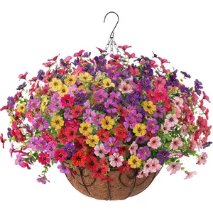 Lifelike Silk Chrysanthemum Hanging Planter, One Faux Flower Basket for Porch, Patio, Home Interior & Garden Decoration, Flower Pots