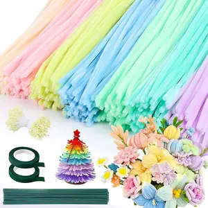 500 Pcs Macaron Pipe Cleaners Craft Kit, 7 Mixed Colors Chenille Stems with 400 Flower Stamens, 20 Floral Stems & 2 Tapes, DIY Flower Bouquet Making Supplies, Creative Arts and Crafts Gift for Kids Adults