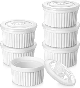 8 oz Ramekins with Lid, Porcelain Creme Brulee Souffle Dishes, White Pudding Custard Cups Ramiken for Baking, Dishwasher and Oven Safe, Set of 6