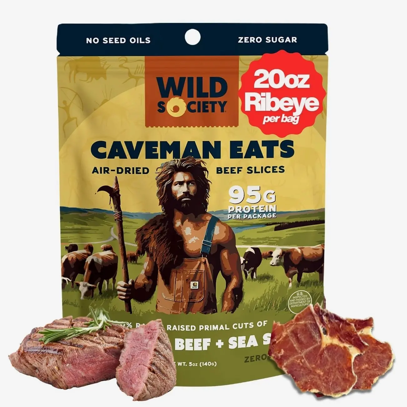 Wild Society - Caveman Eats - Grass Fed Ribeye Steak Slices - 95g Protein - Only Steak & Salt - 2 Ingredients - Air dried Beef Jerky Carnivore Snacks Crisps - Sugar Free, Gluten Free, Keto, Paleo (5oz)